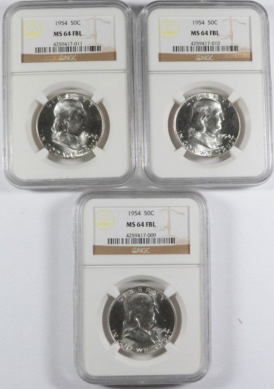 LOT OF ( 3 ) 1954 FRANKLIN HALF DOLLARS, NGC MS-64 FBL (1 of 2)