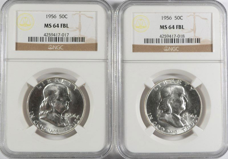 LOT OF ( 2 ) 1956 FRANKLIN HALF DOLLARS, NGC MS-64 FBL (1 of 2)