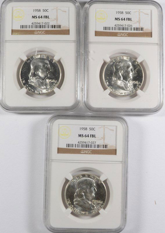 LOT OF ( 3 ) 1958 FRANKLIN HALF DOLLARS, NGC MS-64 FBL (1 of 2)