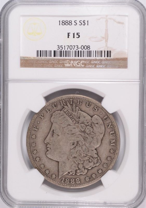 1888-S MORGAN SILVER DOLLAR, NGC F/VF 15  SEMI-KEY (1 of 4)