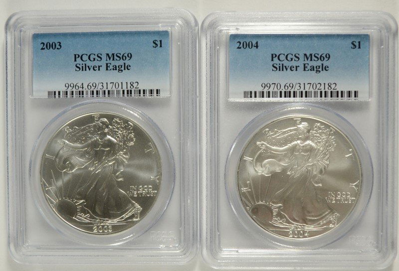 2003 & 2004 AMERICAN SILVER EAGLES, PCGS MS-69 (1 of 2)