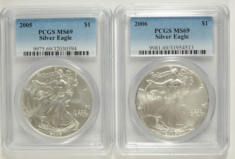 2005 & 2006 AMERICAN SILVER EAGLES, PCGS MS-69 (1 of 2)