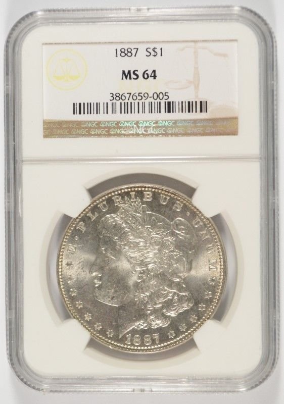 1887 MORGAN DOLLAR NGC MS-64 WHITE: ESTIMATE $85 - $100. SILVER TOWNE AUCTIONS IS RANKED ONE OF THE BEST INTERNET AUCTIONS