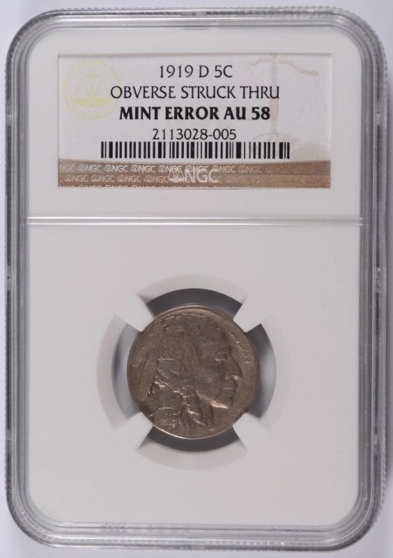 1919-D BUFFALO NICKEL OBVERSE STRUCK THROUGH MINT ERROR: ESTIMATE $550.00 TO $600.00 Bid with confidence at Silvertowne Auctions. One of internet’s leading Auction Houses