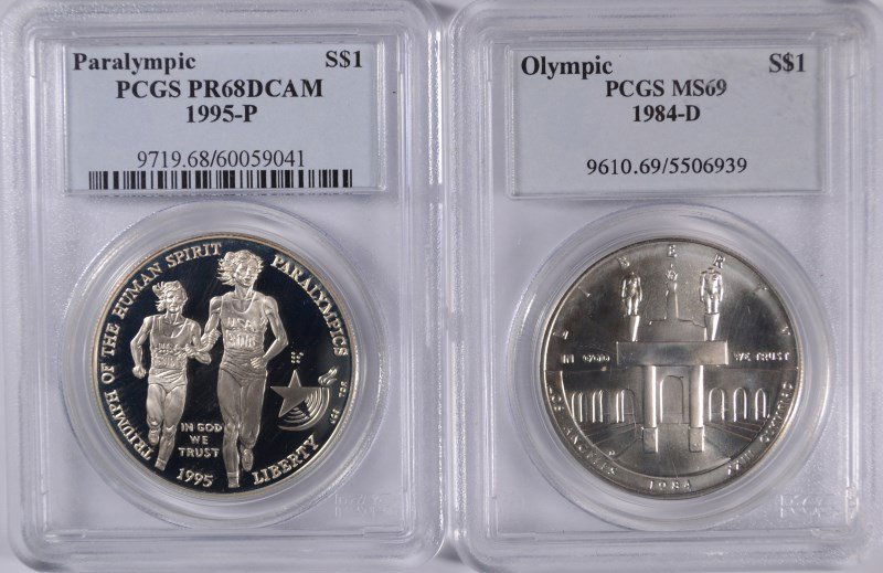 2 - PCGS COMMEM SILVER DOLLARS; 1984D OLYMPICS MS69 & (1 of 2)