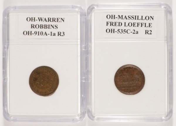 2 - CIVIL WAR TOKENS OHIO, WARREN OH 910 A-1a R3 XF &: AU+ ROBBINS / FRED LOEFFLE EST 75.00-85.00
