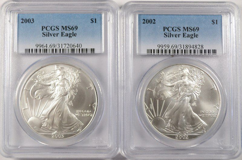 2002 & 2003 AMERICAN SILVER EAGLES, PCGS MS-69 (1 of 2)