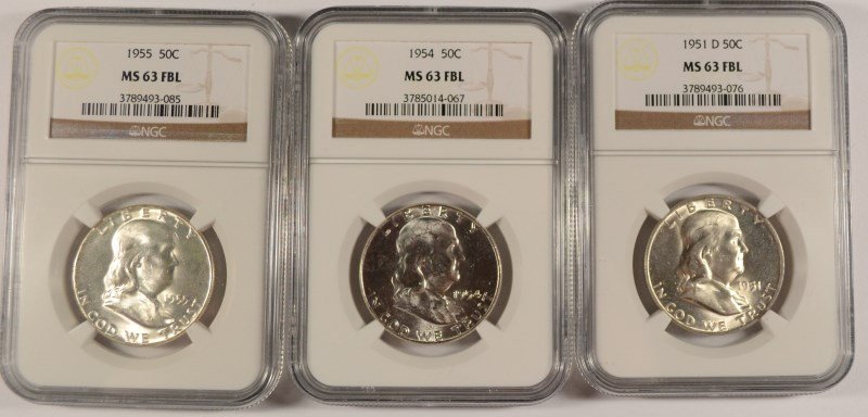 1951-D, 1954 AND 1955 FRANKLIN HALF DOLLARS, NGC MS-63 (1 of 2)