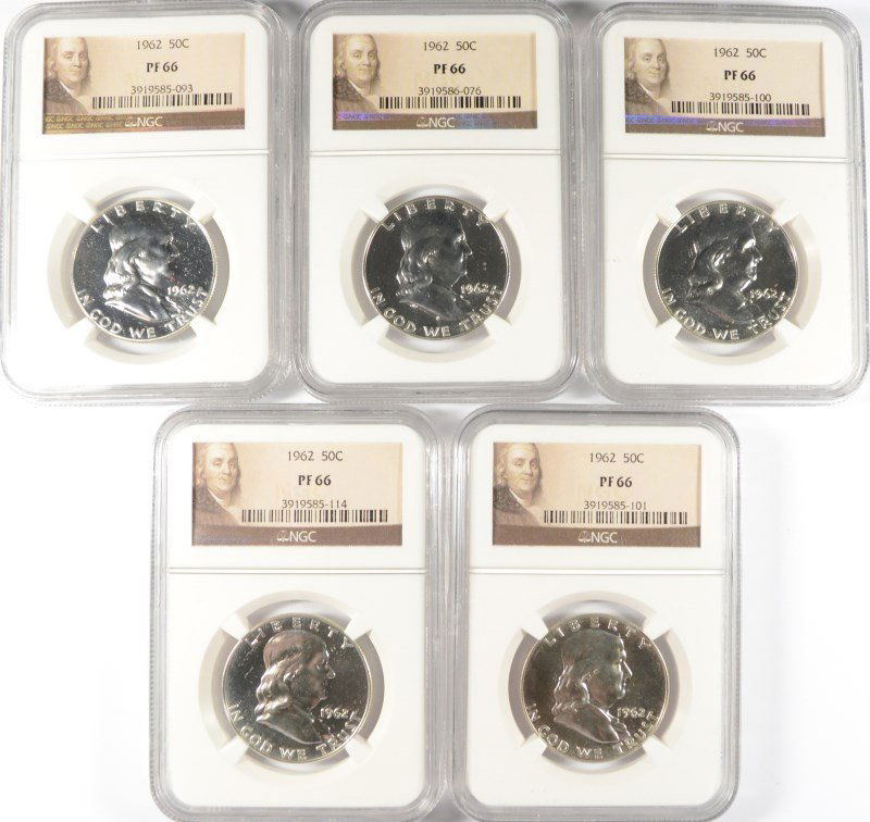 LOT OF ( 5 ) 1962 FRANKLIN HALF DOLLARS, NGC PROOF-66 (1 of 2)