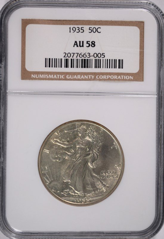 1935 WALKING LIBERTY HALF DOLLAR NGC AU-58: ESTIMATE $40 - $50. SILVERTOWNE AUCTIONS IS KNOWN FOR QUALITY & SERVICE. REGISTER TO BID!