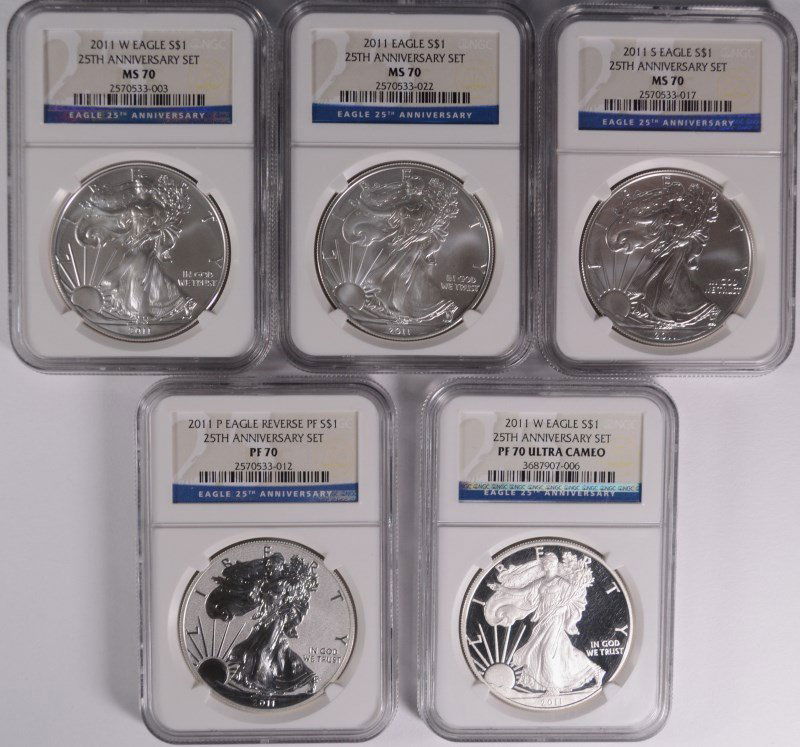 2011 25TH ANNIVERSARY AMERICAN SILVER EAGLE SET NGC: WITH ALL ORIGINAL BOX/COA EST 875.00 - 900.00