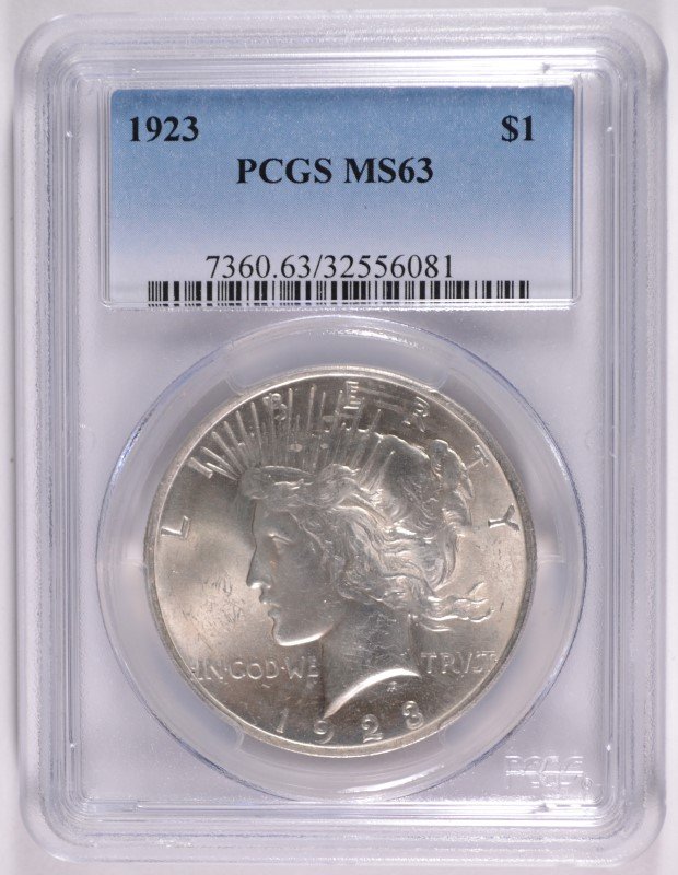 1923 PEACE SILVER DOLLAR, PCGS MS-63 WHITE (1 of 4)