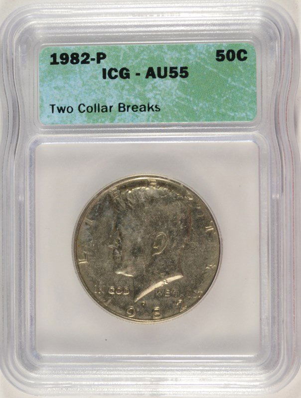 1982 KENNEDY HALF DOLLAR ICG AU-55 (MINT ERROR-TWO: ESTIMATE $25 - $30. SILVERTOWNE AUCTIONS IS KNOWN FOR QUALITY & SERVICE. REGISTER TO BID!