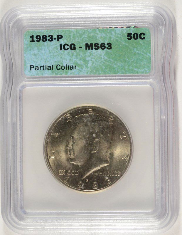 1983 KENNEDY HALF DOLLAR ICG MS-63 (MINT ERROR-PARTIAL: ESTIMATE $25 - $30. SILVERTOWNE AUCTIONS IS KNOWN FOR QUALITY & SERVICE. REGISTER TO BID!