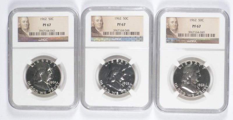 LOT OF ( 3 ) 1962 FRANKLIN HALF DOLLARS, NGC PROOF-67 (1 of 2)