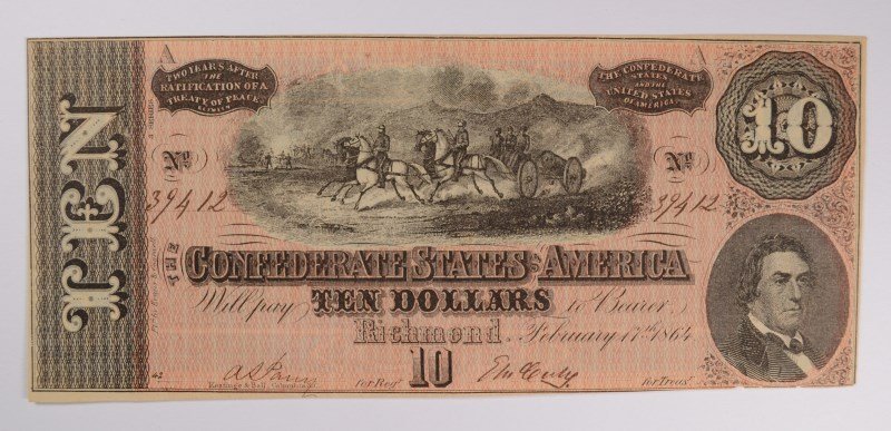 1864 $10 CONFEDERATE STATES OF AMERICA NOTE (T-68) AU+ (1 of 2)