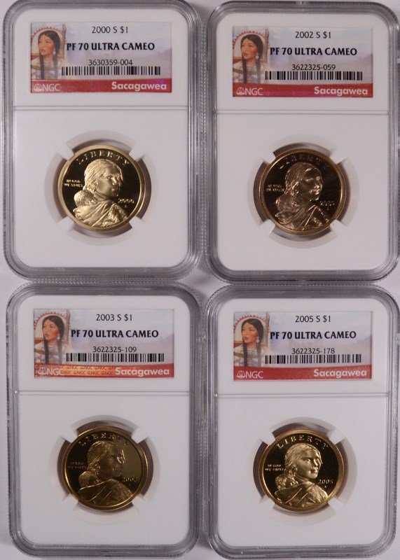 (4) PROOF SACAGAWEA DOLLARS NGC PF-70'S !!!! (2000,: ESTIMATE $40 - $50. SILVERTOWNE AUCTIONS IS KNOWN FOR QUALITY & SERVICE. REGISTER TO BID!