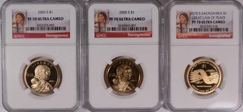 (3) PROOF SACAGAWEA DOLLARS NGC PF-70'S !!!! (2003,: ESTIMATE $30 - $40. SILVERTOWNE AUCTIONS IS KNOWN FOR QUALITY & SERVICE. REGISTER TO BID!