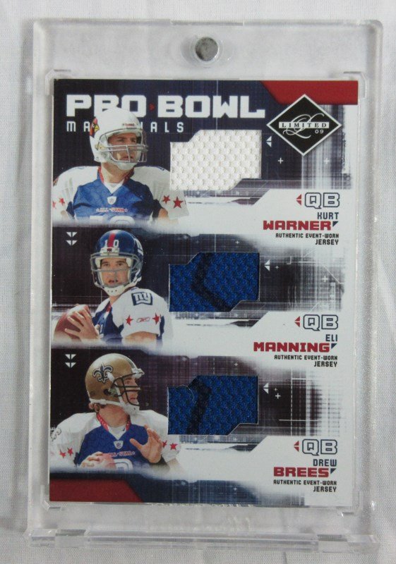 PRO BOWL MATERIALS - KURT WARNER - ELI MANNING - DREW: #19/100. EST 30.00-40.00