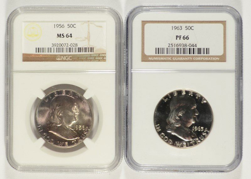 ( 2 ) FRANKLIN HALF DOLLARS 1963 PF 66 NGC & 1956 MS 64 (1 of 2)