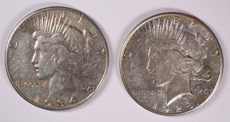 ( 2 ) CIRC PEACE DOLLARS 1928-S & 1934  BETTER DATES (1 of 2)
