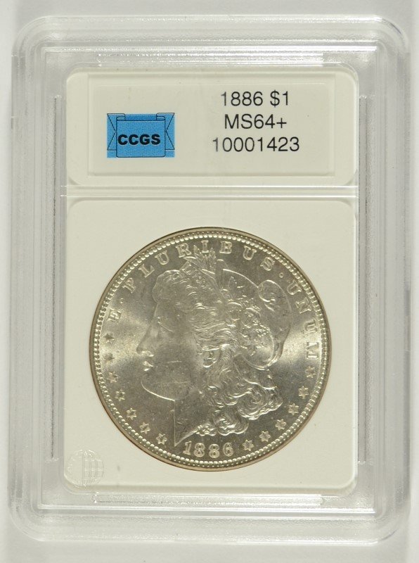 1886 MORGAN SILVER DOLLAR, CCGS MS-64+: ESTIMATE, $95.00 TO $120.00 SILVERTOWNE AUCTIONS IS RANKED ONE OF THE BEST INTERNET AUCTIONS