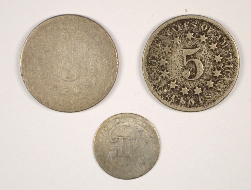 LOW GRADE TYPE COINS (2) SHIELD NICKELS & THREE CENT (1 of 2)