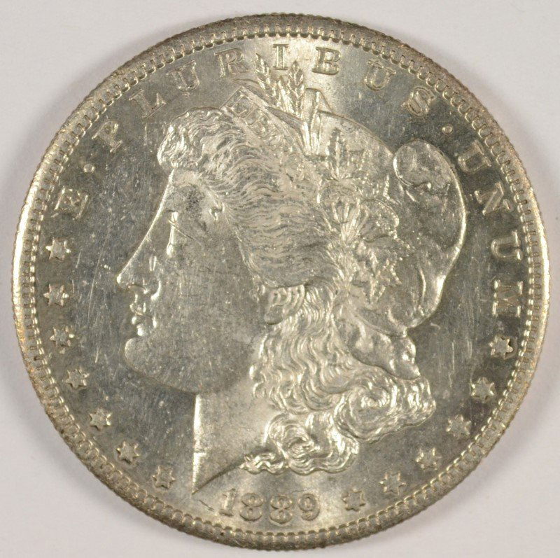 1889-S MORGAN SILVER DOLLAR, MS-63: ESTIMATE, $350.00 TO $400.00 Bid with confidence at Silvertowne Auctions. One of the internet’s leading Auction Houses.