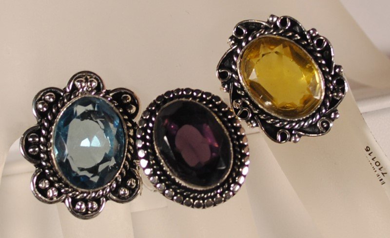 3 GERMAN SILVER RINGS: BLUE TOPAZ, CITRINE, & AMETHYST- (1 of 1)