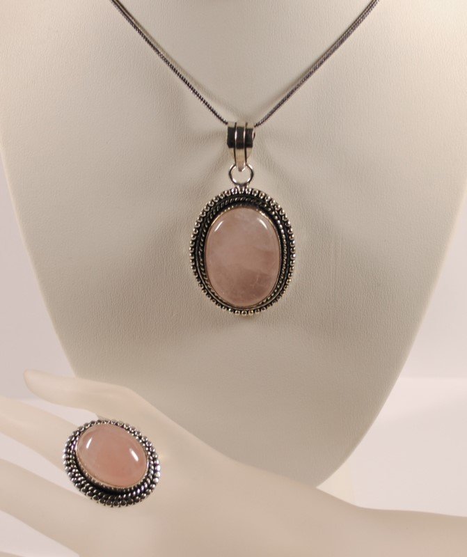 GERMAN SILVER ROSE QUARTZ PENDANT NECKLACE & RING (SIZE (1 of 1)