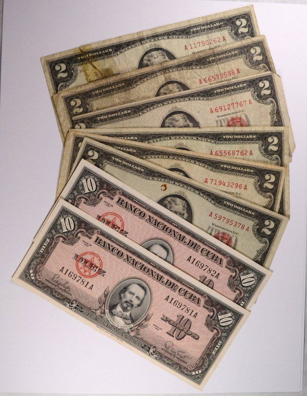 7 1953 $2 RED SEALS (1 TORN AND TAPED) AND 2 10 PESO (1 of 2)