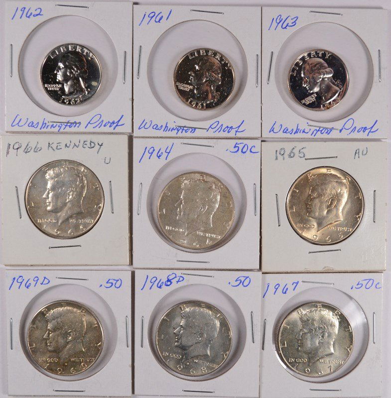 3 PROOF SILVER WASHINGTON QUARTERS & 6 SILVER KENNEDY (1 of 2)