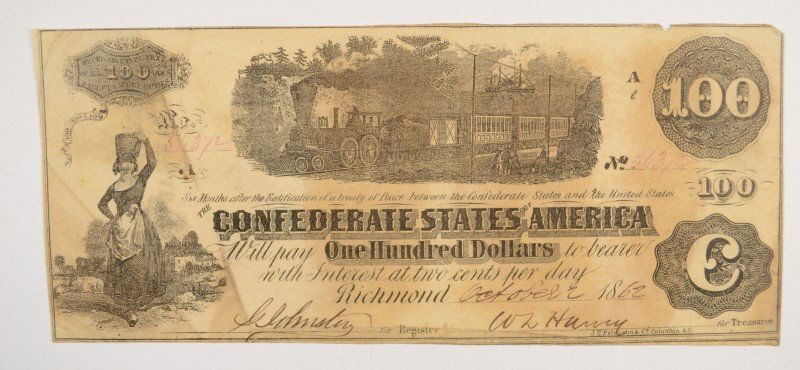 1862 $100 CONFEDERATE STATES OF AMERICA NOTE (T-40) (1 of 2)