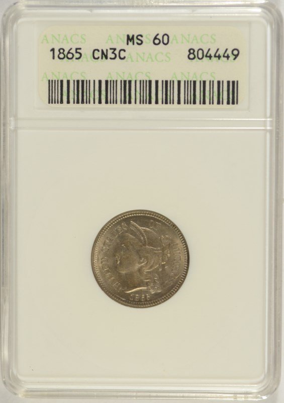 1865 THREE CENT NICKEL ANACS MS-60 (1 of 4)