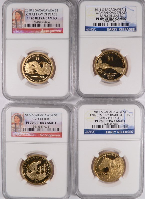(4) PROOF SACAGEWEA DOLLARS NGC PF-70'S, UC !!!! (2009,: ESTIMATE $40 - $50. SILVERTOWNE AUCTIONS IS KNOWN FOR QUALITY & SERVICE. REGISTER TO BID!