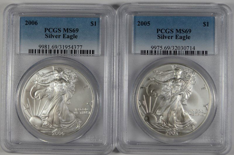 2005 & 2006 AMERICAN SILVER EAGLES, PCGS MS-69 (1 of 2)