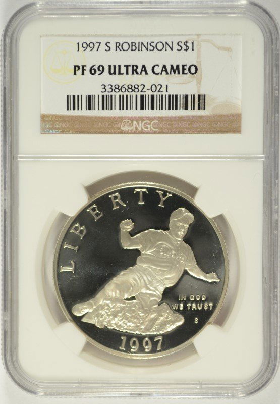 1997-S JACKIE ROBINSON COMMEMORATIVE SILVER DOLLAR, NGC (1 of 4)