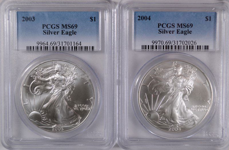 2003 & 2004 AMERICAN SILVER EAGLES, PCGS MS-69 (1 of 2)