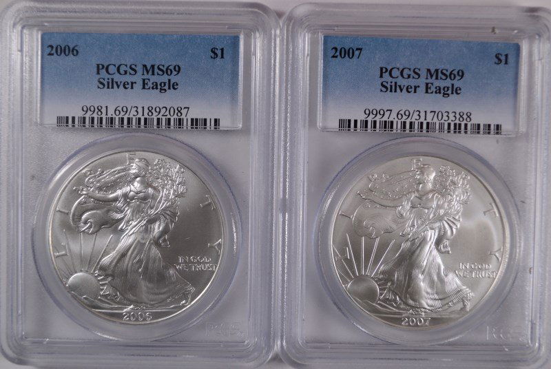 2006 & 2007 AMERICAN SILVER EAGLES, PCGS MS-69 (1 of 2)