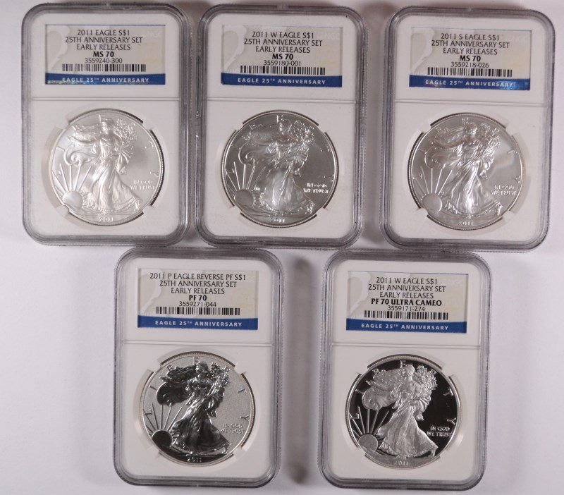 2011 (5 PC) SILVER AMERICAN EAGLE SET NGC 70'S (1 of 3)