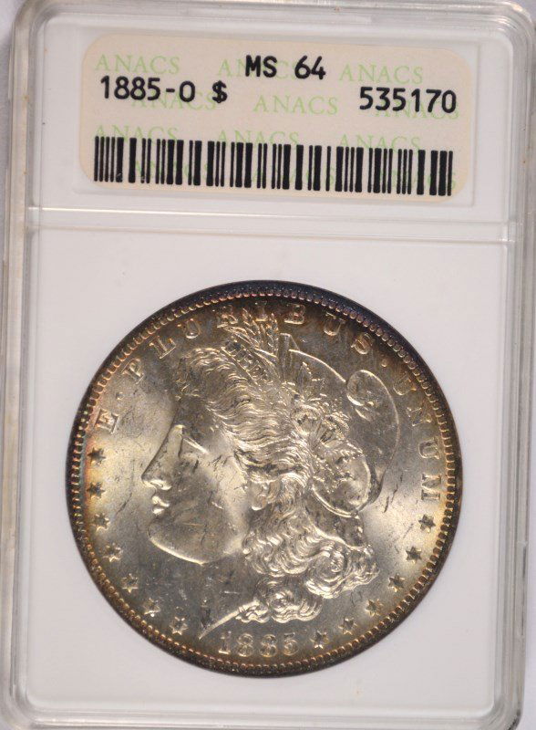 1885-O MORGAN DOLLAR ANACS MS-64: ESTIMATE $75 - $85. SILVER TOWNE AUCTIONS IS RANKED ONE OF THE BEST INTERNET AUCTIONS