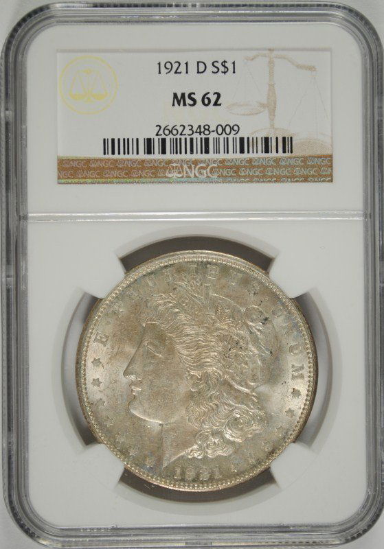 1921-D MORGAN DOLLAR NGC MS-62: ESTIMATE $70 - $90. SILVERTOWNE AUCTIONS IS KNOWN FOR QUALITY & SERVICE. REGISTER TO BID!