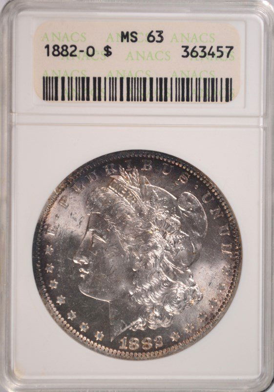 1882-O MORGAN DOLLAR ANACS MS-63: ESTIMATE $80 - $100. SILVER TOWNE AUCTIONS IS RANKED ONE OF THE BEST INTERNET AUCTIONS