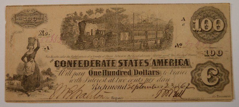 1862 $100 CONFEDERATE STATES OF AMERICA NOTE (T-40) XF (1 of 2)