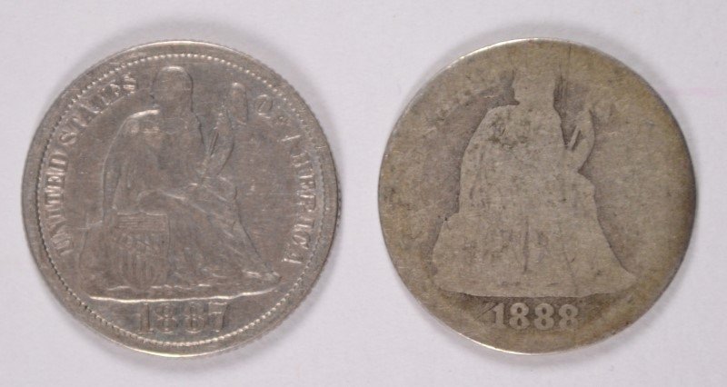 2 - SEATED DIMES - 1887 VF & 1888 AG (1 of 2)