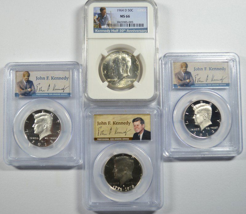 (4) SLABBED KENNEDY HALF DOLLARS (1964-D, 1976-S SILVER (1 of 2)