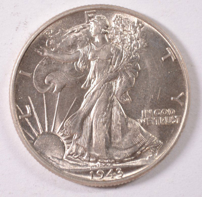 1943 WALKING LIBERTY HALF DOLLAR CH BU: ESTIMATE $50 - $60. SILVERTOWNE AUCTIONS IS KNOWN FOR QUALITY & SERVICE. REGISTER TO BID!