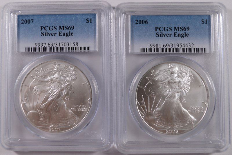 2006 & 2007 AMERICAN SILVER EAGLES, PCGS MS-69 (1 of 2)
