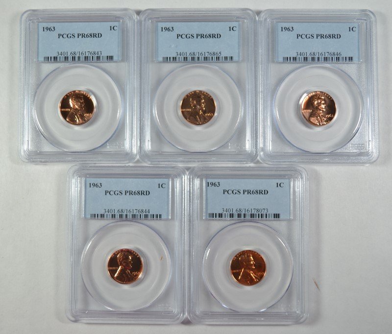( 5 ) 1963 LINCOLN CENTS, PCGS PR-68 RED (1 of 2)