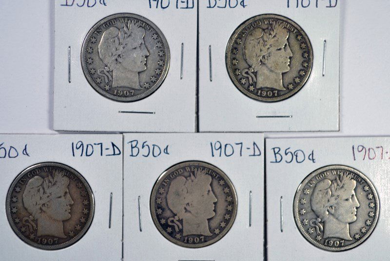 (5) 1907-D BARBER HALF DOLLARS (1 of 2)